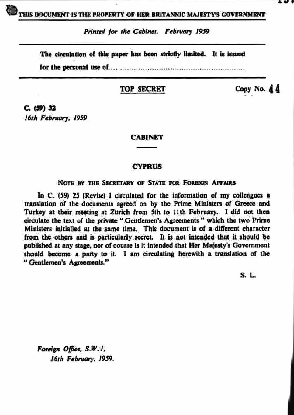 The 1959 Zurich Conference 'Gentlement Agreement' elaborating on Cyprus Nato Admission.